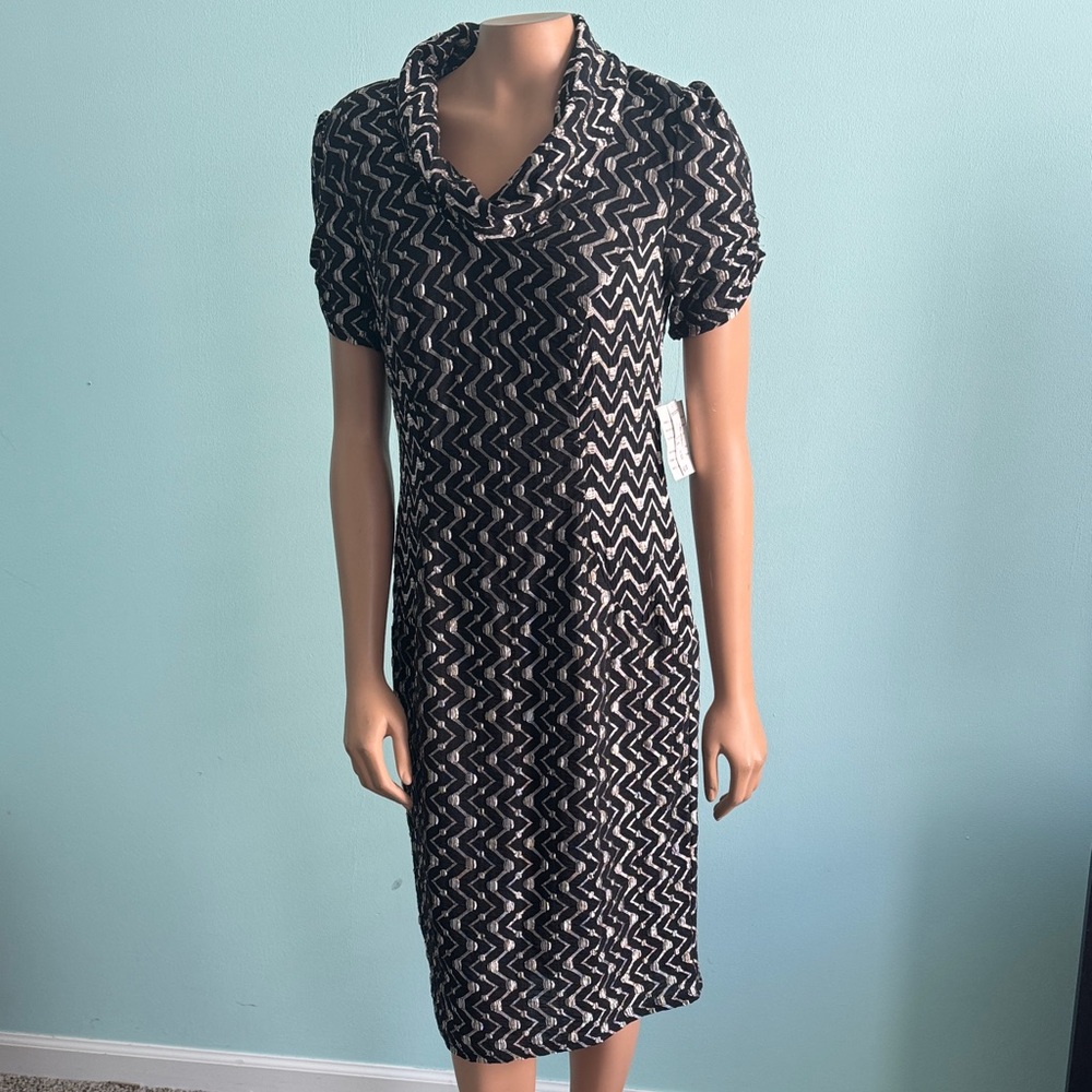 Jones Studio Black & Silver Zigzag Cowl Neck Dress